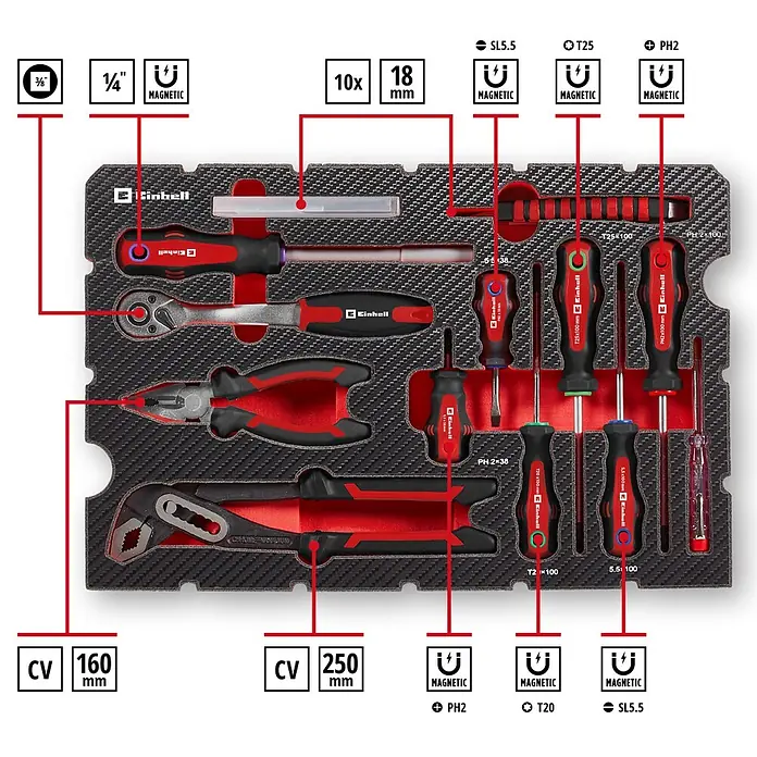 Einhell Werkzeugkoffer E-Case Montage - 80 -tlg. - Rot-schwarzer Werkzeugsatz in Schaumstoffeinlage mit Schraubendrehern, Zangen, Ratsche und magnetischen Bits für diverse Arbeiten.