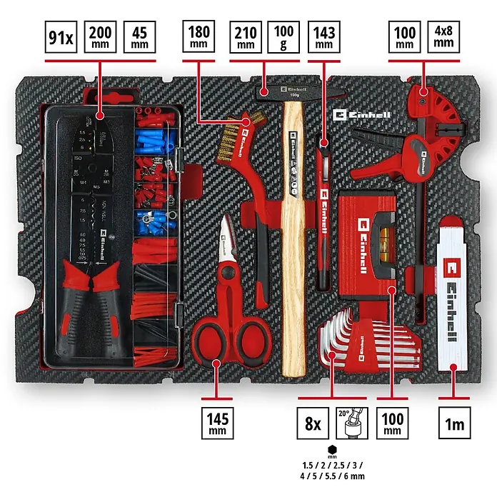Einhell Werkzeugkoffer E-Case Hobby - 153 -tlg. - Ein Einhell 91-teiliges rot-schwarzes Werkzeugset mit Abisolierzange, Hammer, Inbusschlüsseln, Wasserwaage und weiteren Handwerkzeugen in Schaumstoffeinlage.