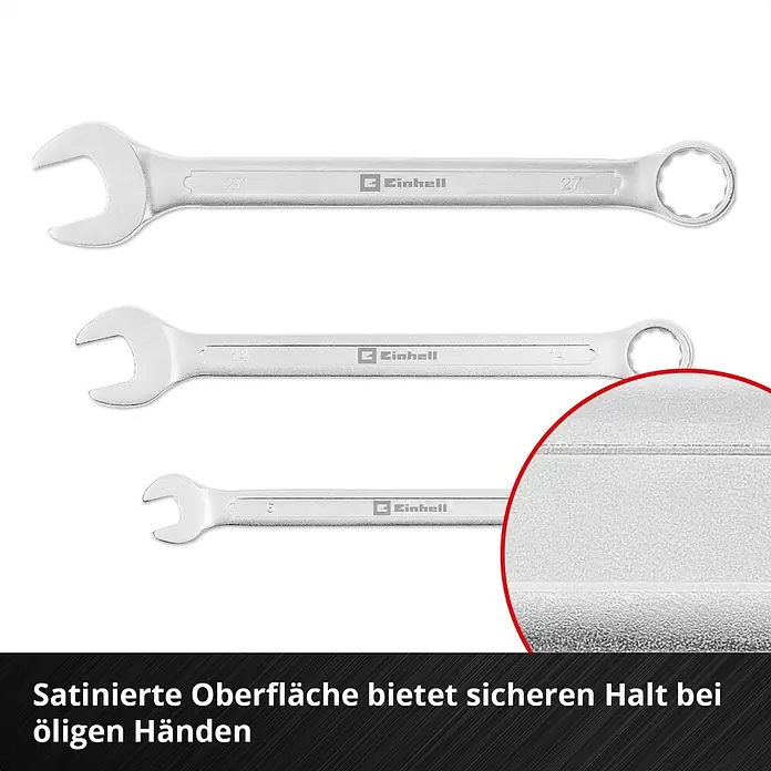 Einhell Werkzeugsatz-Einlage E-Case Gabelringschlüssel - 19 -tlg. - Drei matt satinierte Kombinationsschlüssel in verschiedenen Größen für sicheren Halt.