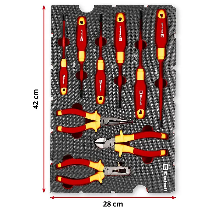Einhell Werkzeugsatz-Einlage E-Case VDE Set - 9 -tlg. - Einhell Werkzeugset mit roten und gelben Schraubendrehern und Zangen, geordnet in grauer Schaumstoffeinlage.