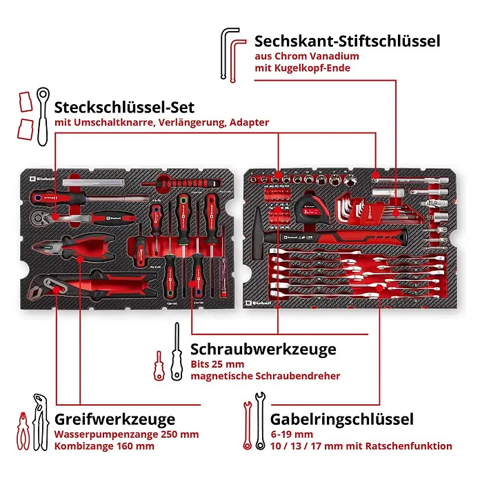 Einhell Werkzeugkoffer E-Case Montage - 80 -tlg. - Einhell Werkzeugkoffer in Schwarz-Rot mit vielfältigen Handwerkzeugen wie Schraubenschlüsseln, Schraubendrehern und Zangen.