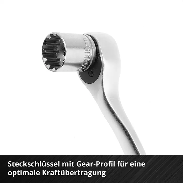 Einhell Werkzeugkoffer E-Case Montage - 80 -tlg. - Silberner Chrom-Vanadium Ratschenschlüssel mit Gear-Profil-Steckschlüssel für optimale Kraftübertragung.