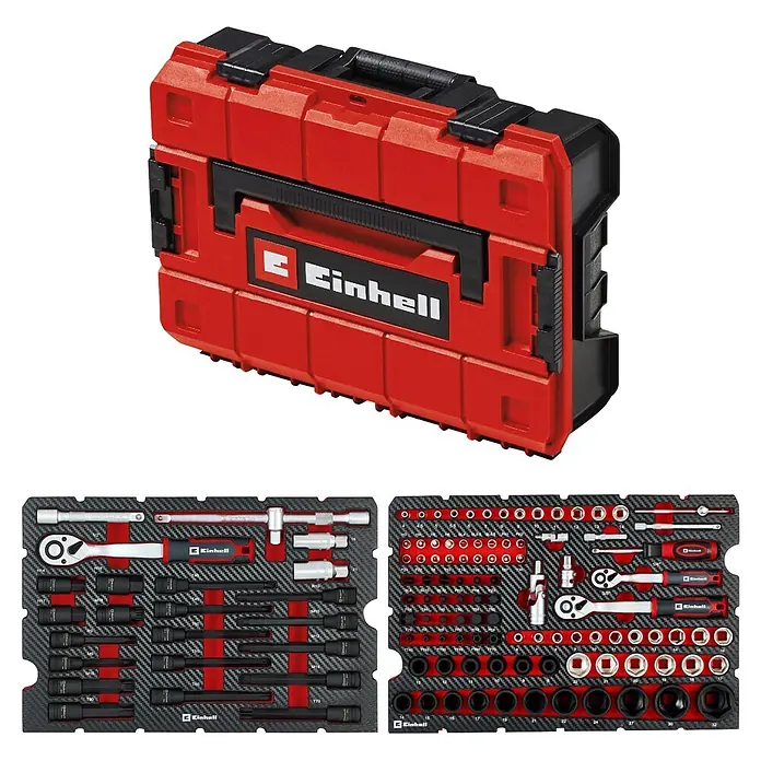 Einhell Werkzeugkoffer E-Case KFZ - 121 -tlg. - Rote und schwarze Einhell Werkzeugkiste mit einem umfassenden Steckschlüssel- und Bit-Set, ordentlich in zwei Einlagen organisiert.