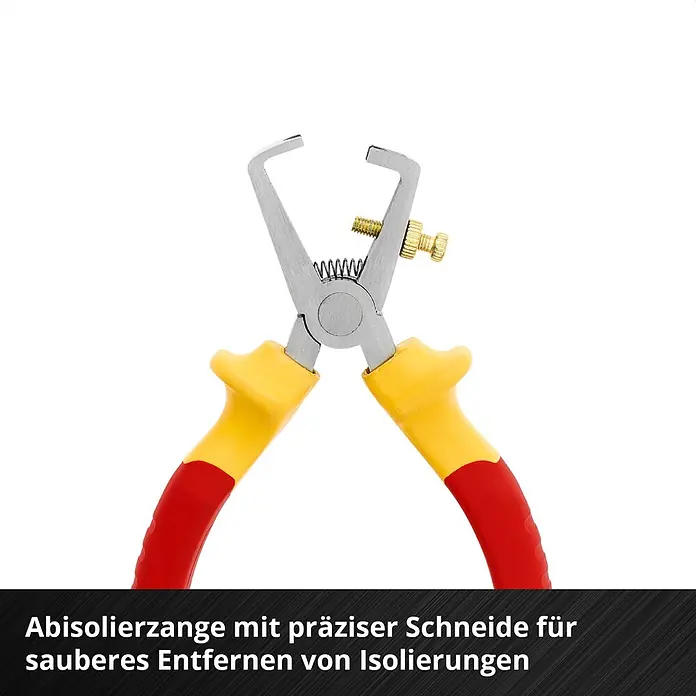 Einhell Werkzeugsatz-Einlage E-Case VDE Set - 9 -tlg. - Abisolierzange mit metallischem Körper und rot-gelben Griffen, präzise zum Entfernen von Isolierungen.
