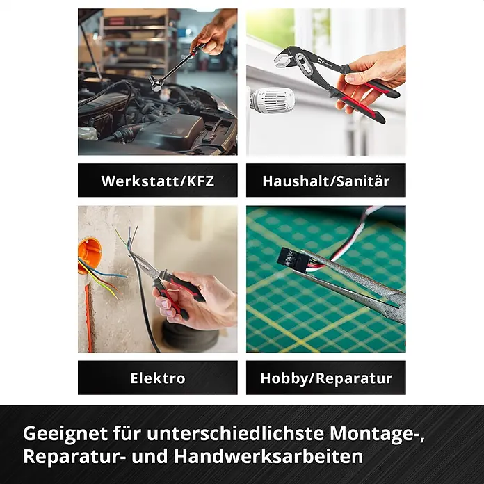 Einhell Werkzeugsatz-Einlage E-Case Zangen - 9 -tlg. - Collage zeigt Werkzeugeinsatz in KFZ, Haushalt, Elektro und Hobby, betont ihre Vielseitigkeit für Montage-, Reparatur- und Handwerksarbeiten.