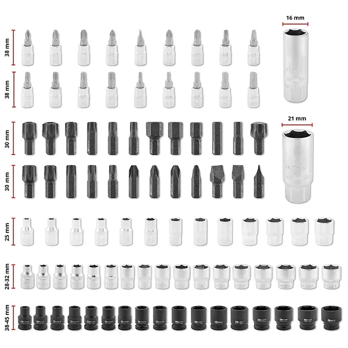 Einhell Werkzeugkoffer E-Case KFZ - 121 -tlg. - Ein umfassendes Set aus silbernen und schwarzen Schraubendreher-Bits und Steckschlüsseln in verschiedenen Größen und Antriebsarten.