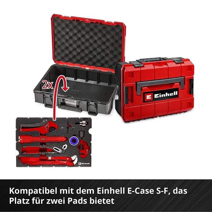 Einhell Werkzeugsatz-Einlage E-Case Sanitärinstallation - 8 -tlg. - Roter und schwarzer Einhell E-Case S-F offen mit Schaumstoff, der zwei Schaumstoffeinlagen mit roten Sanitärwerkzeugen aufnimmt.