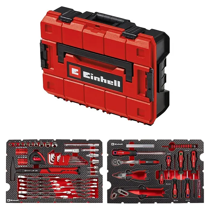 Einhell Werkzeugkoffer E-Case Montage - 80 -tlg. - Rote und schwarze Einhell Werkzeugkiste gefüllt mit verschiedenen Handwerkzeugen.