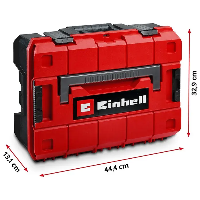 Einhell Werkzeugkoffer E-Case VDE - 24 -tlg. - Rote und schwarze Einhell Systembox (44,4 x 32,9 x 13,1 cm) mit Tragegriff und Verriegelungsdesign zur Werkzeugaufbewahrung.