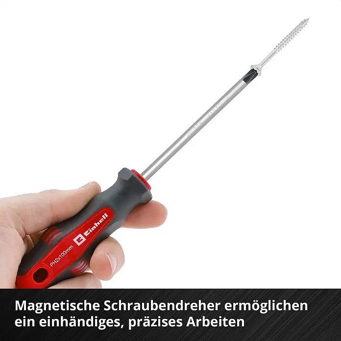 Einhell Werkzeugkoffer E-Case Montage - 80 -tlg. - Von Hand gehaltener Schraubendreher mit magnetischer Spitze und Schraube. Grau-roter Griff, Chrom-Vanadium Schaft.