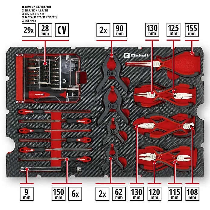 Einhell Werkzeugkoffer E-Case Hobby - 153 -tlg. - Werkzeugset in schwarzer Schaumstoffeinlage mit Schraubendreherbits, Zangen, Feilen, Zwingen und Cuttermesser, rot-schwarz.