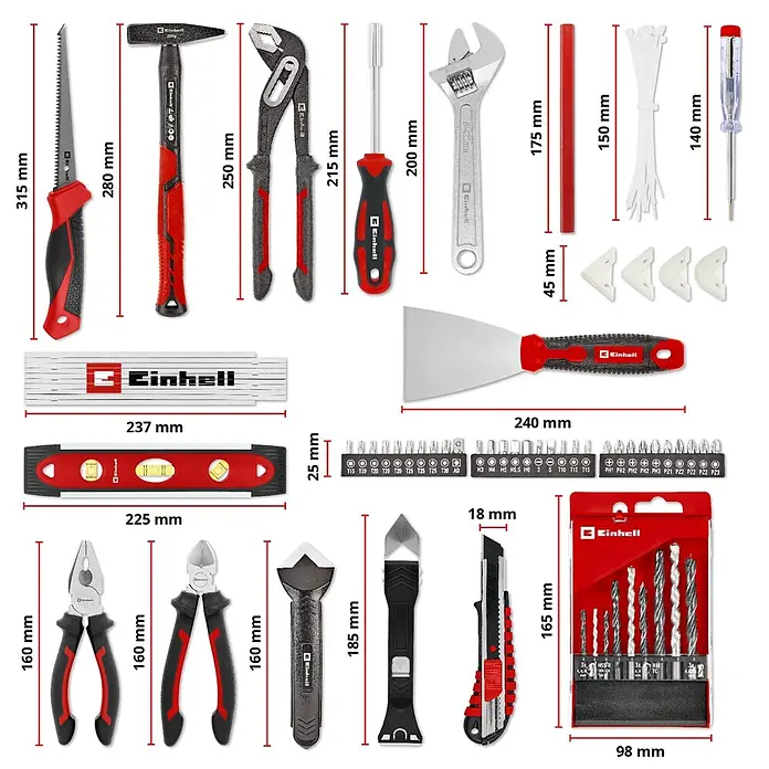 Einhell Werkzeugkoffer E-Case Renovierung - 78 -tlg. - Umfassendes 31-teiliges Einhell Handwerkzeugset mit roten und schwarzen Werkzeugen, Maßband, Wasserwaage, Bohrern und Bit-Sets.