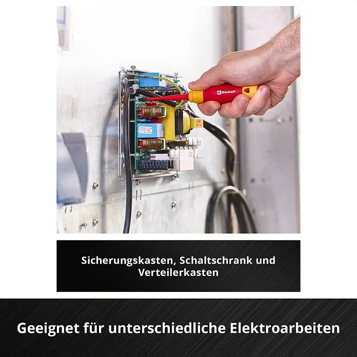 Einhell Werkzeugkoffer E-Case VDE - 24 -tlg. - Rot-gelber Einhell Schraubendreher, der in einem Schaltschrank an elektrischen Komponenten verwendet wird.