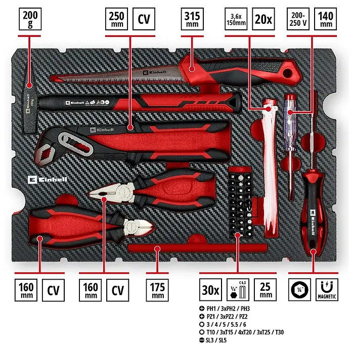 Einhell Werkzeugkoffer E-Case Renovierung - 78 -tlg. - Ein rot-schwarzes Einhell Werkzeugset mit Hammer, Säge, Zangen, Schraubendrehern und Bits, geordnet in einer dunklen Schaumstoffeinlage.