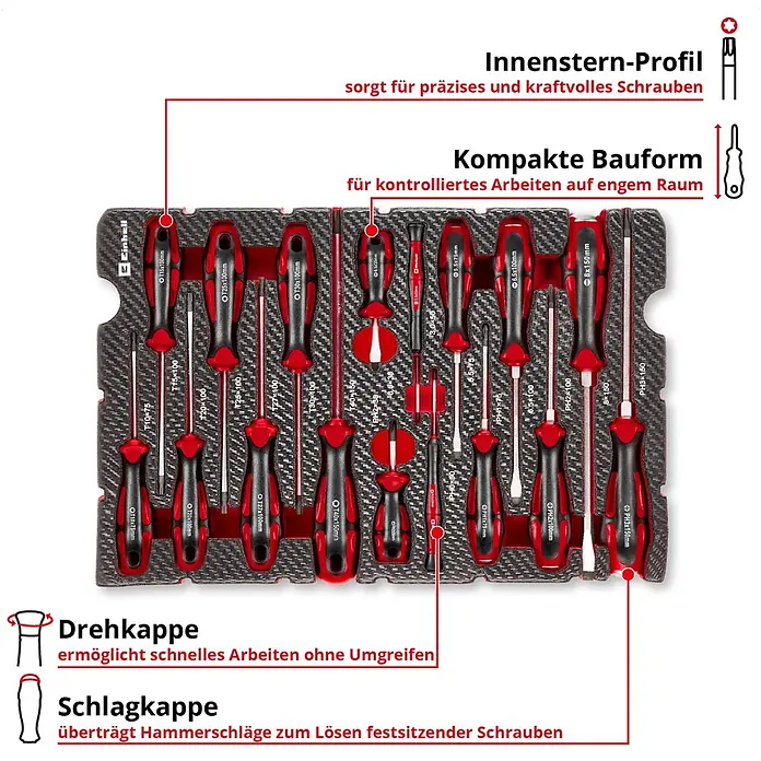 Einhell Werkzeugsatz-Einlage E-Case Schraubendreher - 17 -tlg. - Rotes und schwarzes Schraubendreher-Set mit verschiedenen Torx-, Kreuzschlitz- und Schlitzschraubendrehern, ordentlich in einer Schaumstoffeinlage.