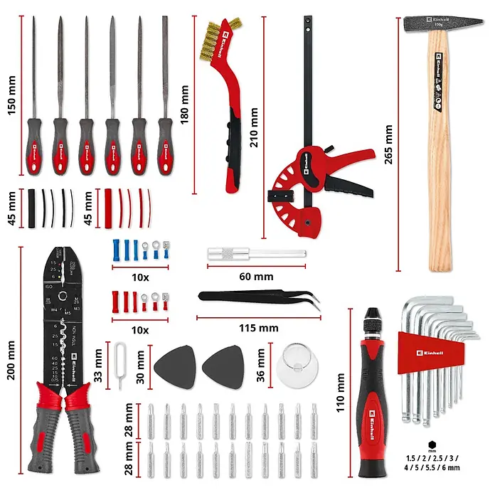 Einhell Werkzeugkoffer E-Case Hobby - 153 -tlg. - Umfassendes Einhell Werkzeugset mit roten und schwarzen Griffen, darunter Feilen, Hammer, Zwinge, Abisolierzange, Bits und Inbusschlüssel.