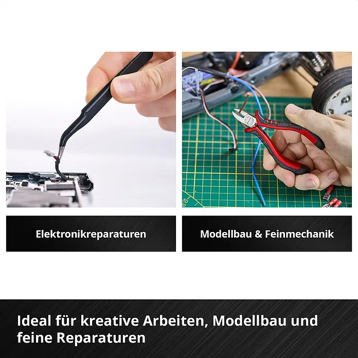 Einhell Werkzeugkoffer E-Case Hobby - 153 -tlg. - Präzisionswerkzeuge: schwarze Pinzette für Elektronikreparaturen und rot/schwarzer Seitenschneider für Modellbau/Feinmechanik.