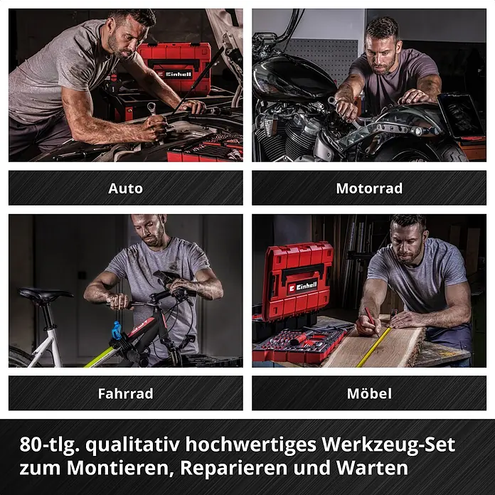 Einhell Werkzeugkoffer E-Case Montage - 80 -tlg. - Einhell 80-tlg. Werkzeug-Set zum Montieren, Reparieren und Warten, in Gebrauch gezeigt.