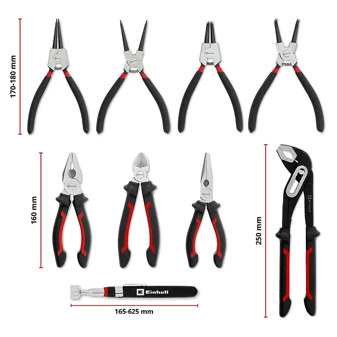Einhell Werkzeugsatz-Einlage E-Case Zangen - 9 -tlg. - Ein Satz von 8 Handwerkzeugen: diverse Zangen (Sprengring-, Kombi-, Seiten-, Spitzzange) und ein Magnetheber mit schwarz-roten Griffen.