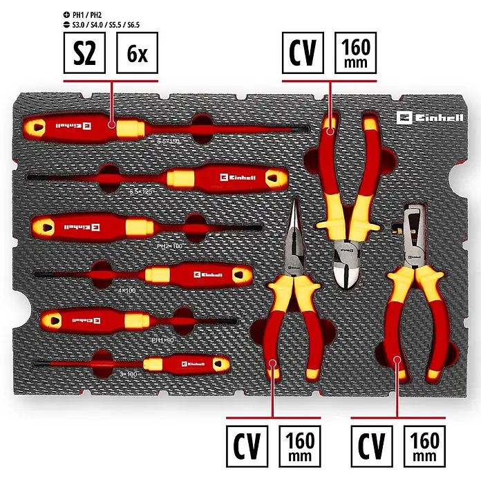 Einhell Werkzeugsatz-Einlage E-Case VDE Set - 9 -tlg. - Einhell Werkzeugsatz: 6 S2 Schraubendreher (PH/Schlitz) und 3 CV-Stahlzangen (160mm) mit rot/gelben Griffen, in Schaumeinlage.