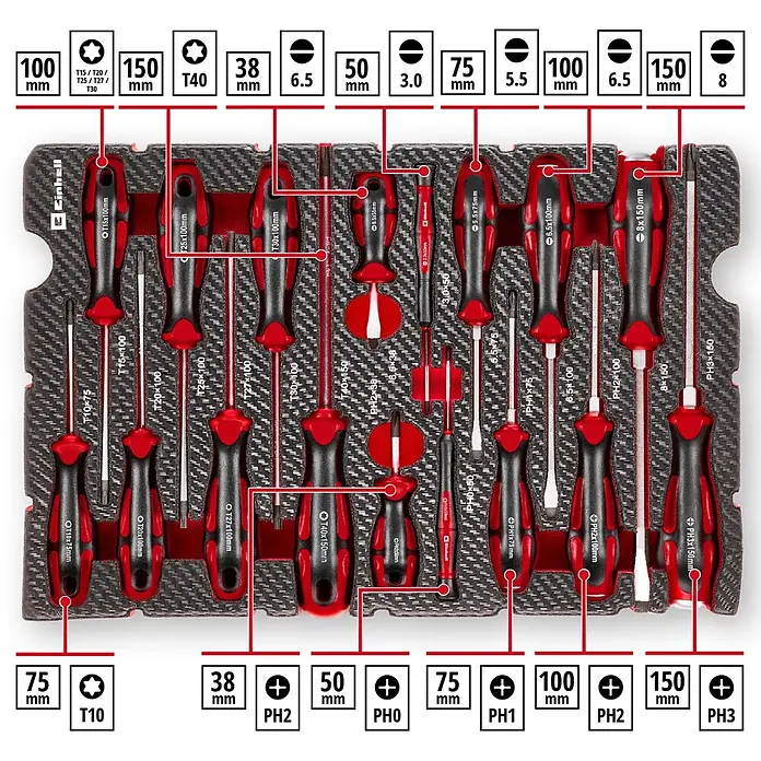 Einhell Werkzeugsatz-Einlage E-Case Schraubendreher - 17 -tlg. - Ein rot-schwarzes Schraubendreher-Set mit verschiedenen Torx-, Schlitz- und Kreuzschlitzschraubendrehern, ordentlich in einer schwarzen Schaumstoffeinlage angeordnet.