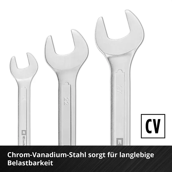 Einhell Werkzeugsatz-Einlage E-Case Gabelringschlüssel - 19 -tlg. - Set aus drei Chrom-Vanadium-Stahl Maulschlüsseln für langlebige Belastbarkeit.