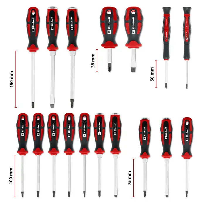 Einhell Werkzeugsatz-Einlage E-Case Schraubendreher - 17 -tlg. - Einhell Schraubendreher-Set mit schwarz-roten Griffen, verschiedenen Größen und Spitzen (Phillips, Schlitz, Torx) und Maßangaben.