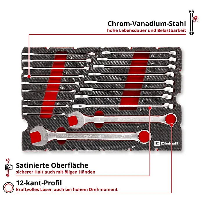 Einhell Werkzeugsatz-Einlage E-Case Gabelringschlüssel - 19 -tlg. - Chrom-Vanadium-Kombischlüsselsatz mit satinierter Oberfläche und 12-kant-Profil für hohe Drehmomente.