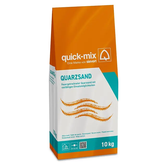 Quick-Mix Quarzsand - 10 kg, Feuergetrocknet - Orange-weißer Quick-Mix 10 kg Quarzsand-Sack mit Sievert-Branding.