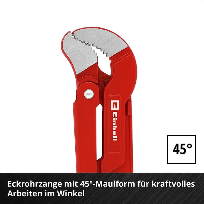 Einhell Werkzeugsatz-Einlage E-Case Sanitärinstallation - 8 -tlg. - Rote Eckrohrzange mit 45-Grad-Maulform und gezahnten Metallbacken für starken Halt. Mit Einhell-Branding.