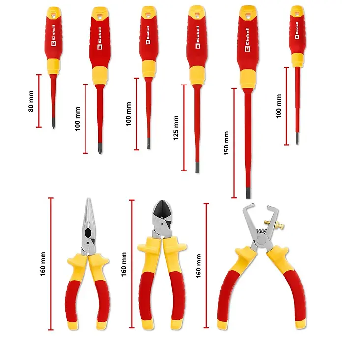 Einhell Werkzeugsatz-Einlage E-Case VDE Set - 9 -tlg. - Set aus 9 isolierten Handwerkzeugen: 6 Schraubendreher (Kreuz- & Schlitz) und 3 Zangen (Spitzzange, Seitenschneider, Abisolierzange) mit rot-gelben Griffen.