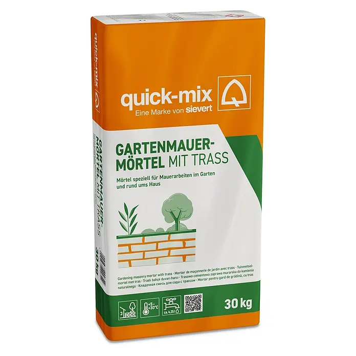 Quick-Mix Gartenmauermörtel - 30 kg - Orange-weißer 30 kg Sack Quick-Mix Gartenmauermörtel mit Trass, mit grünen Akzenten und Gartenmauer-Illustration.