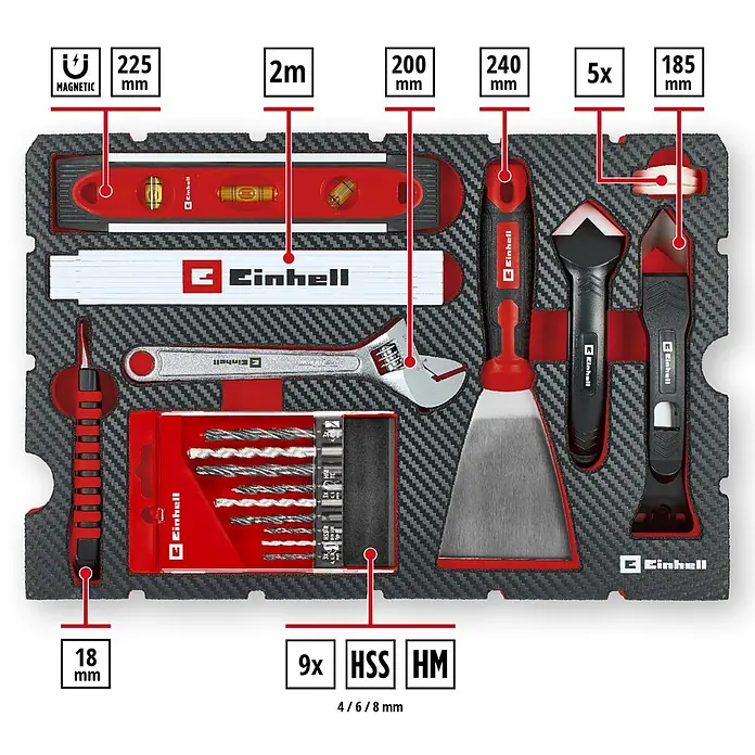 Einhell Werkzeugkoffer E-Case Renovierung - 78 -tlg. - Einhell vielseitiges Werkzeugset in Carbon-Optik-Schale, mit Wasserwaage, Gliedermaßstab, Schraubenschlüssel, Bohrern, Spachtel und Dichtungswerkzeugen.
