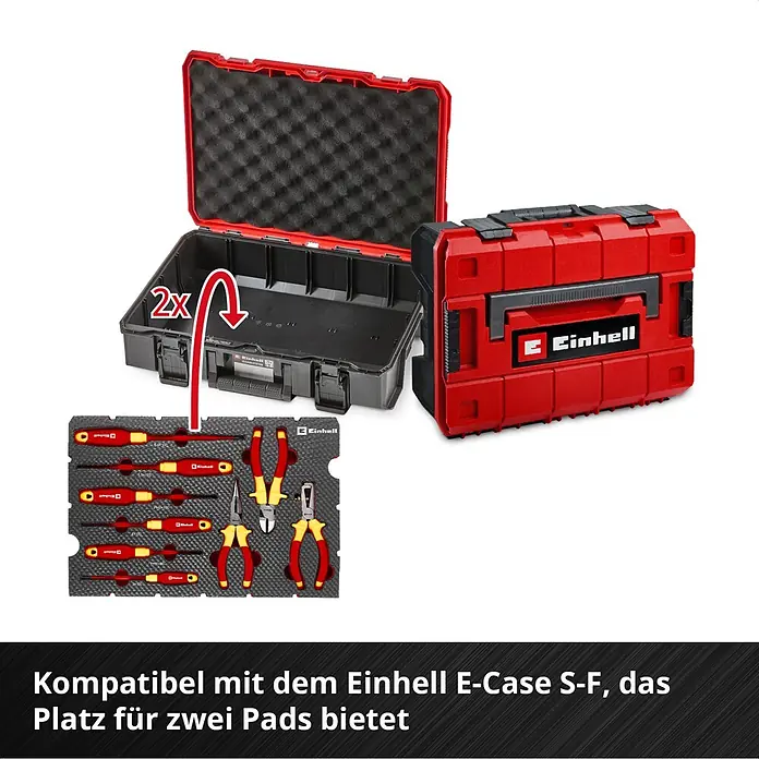 Einhell Werkzeugsatz-Einlage E-Case VDE Set - 9 -tlg. - Rote und schwarze Einhell Werkzeugkoffer, einer offen, mit einem Schaumstoff-Einsatz voller roter und gelber Schraubendreher und Zangen zum Einlegen.