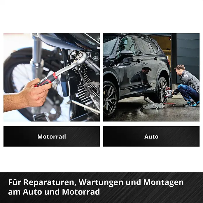 Einhell Werkzeugkoffer E-Case KFZ - 121 -tlg. - Reparaturen an Motorrad (Ratsche) und Auto (Reifenwechsel). Zeigt Werkzeuge für Wartung und Montage an Fahrzeugen.