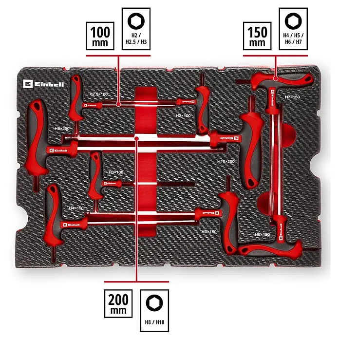 Einhell Werkzeugsatz-Einlage E-Case T-Griff - 9 -tlg. - T-Griff-Innensechskant-Schlüsselsatz mit roten und schwarzen Griffen, in einer Schaumstoffeinlage mit Carbon-Optik, H2 bis H10 in 100mm, 150mm und 200mm Längen.