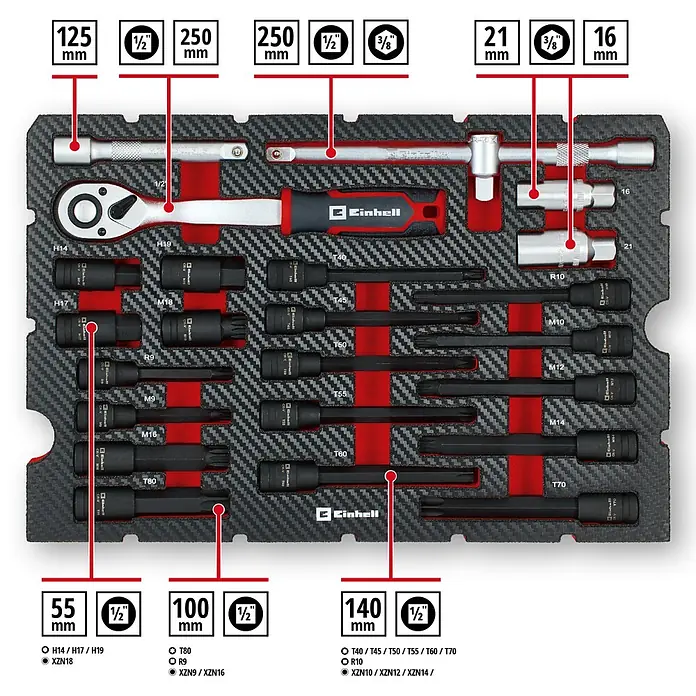 Einhell Werkzeugkoffer E-Case KFZ - 121 -tlg. - Umfassendes Werkzeugset in Carbon-Optik-Schale, mit Ratsche, Verlängerungen, Knebel und schwarzen Inbus-, Torx- und XZN-Bits.