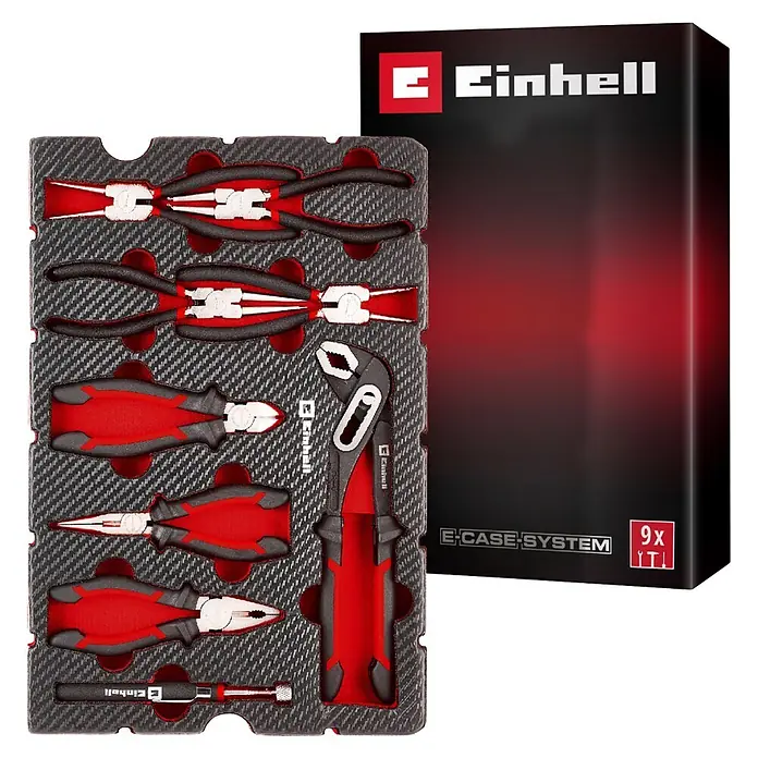 Einhell Werkzeugsatz-Einlage E-Case Zangen - 9 -tlg. - Set aus 9 rot-schwarzen Einhell Handwerkzeugen, darunter Zangen und Schraubendreher, in grauer Schaumstoffeinlage, neben einer rot-schwarzen E-CASE SYSTEM Box.