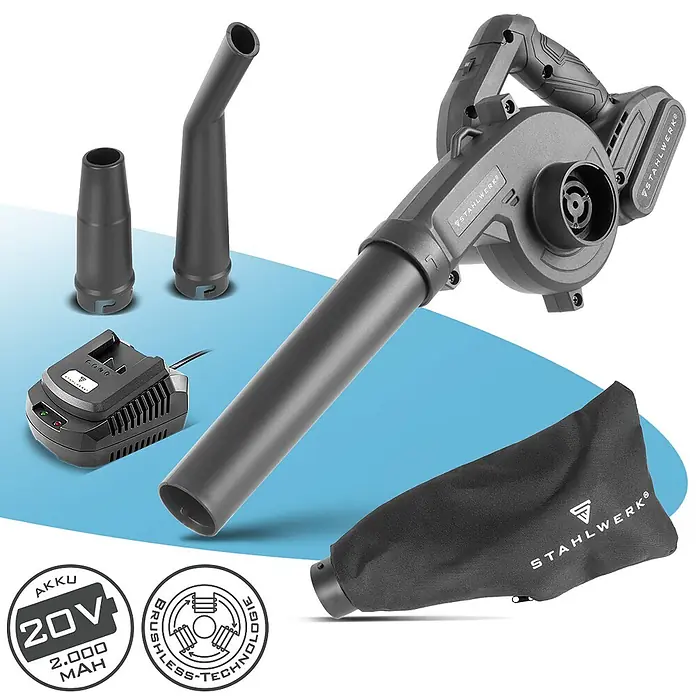 STAHLWERK Akku-Laubbläser mit Saugfunktion 20 Volt 98 m/s 0 – 18000 U/min - 20 V, 1 Akku, 2 Ah, Blasgeschwindigkeit: 350 km/h, Blasleistung: 3,2 m³/min