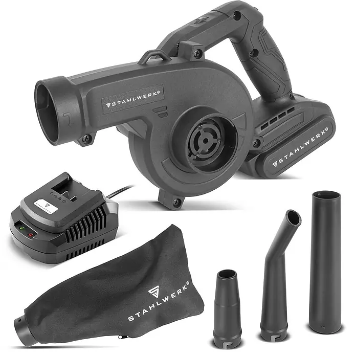 STAHLWERK Akku-Laubbläser mit Saugfunktion 20 Volt 98 m/s 0 – 18000 U/min - 20 V, 1 Akku, 2 Ah, Blasgeschwindigkeit: 350 km/h, Blasleistung: 3,2 m³/min