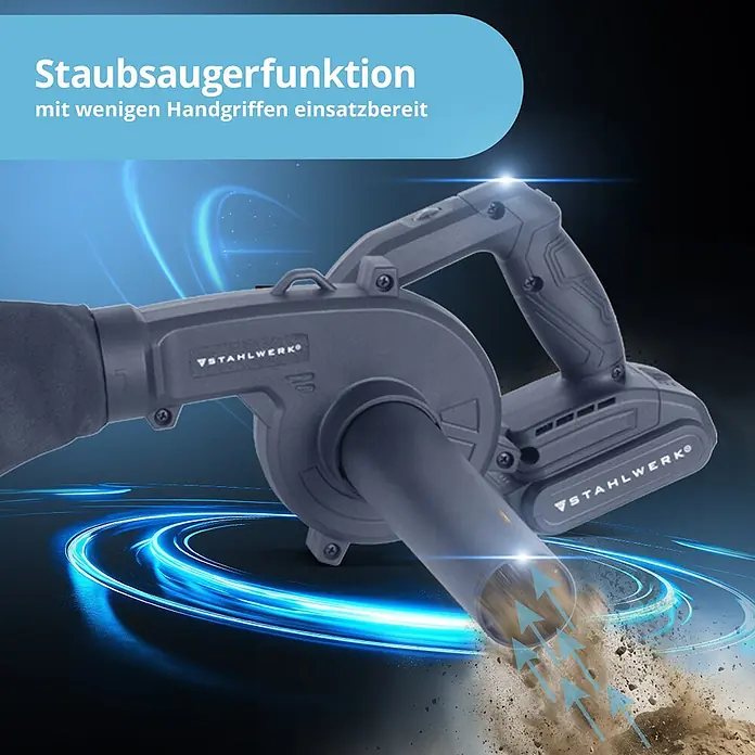 STAHLWERK Akku-Laubbläser mit Saugfunktion 20 Volt 98 m/s 0 – 18000 U/min - 20 V, 1 Akku, 2 Ah, Blasgeschwindigkeit: 350 km/h, Blasleistung: 3,2 m³/min