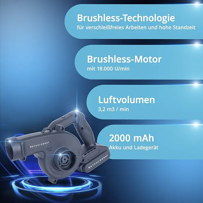 STAHLWERK Akku-Laubbläser mit Saugfunktion 20 Volt 98 m/s 0 – 18000 U/min - 20 V, 1 Akku, 2 Ah, Blasgeschwindigkeit: 350 km/h, Blasleistung: 3,2 m³/min