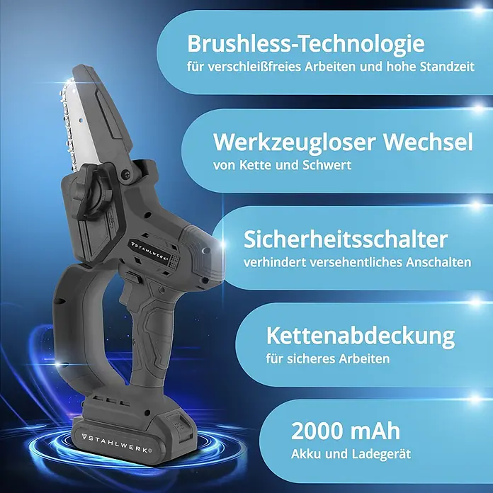 STAHLWERK Akku-Kettensäge MAK-20 Brushless - 20 V, 2 Ah, Li-Ionen, 1 Akku, Schwertlänge: 15,2 cm