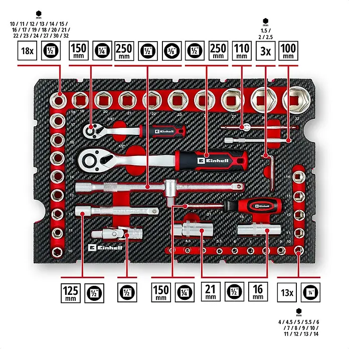 Einhell Werkzeugkoffer E-Case Werkstatt - 92 -tlg. - Ein umfassender Metall-Steckschlüsselsatz mit roten und schwarzen Griffen, organisiert in einem schwarzen Gehäuse in Carbonfaser-Optik.