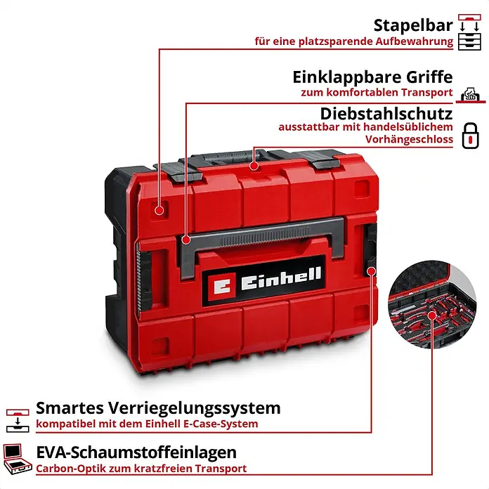 Einhell Werkzeugkoffer E-Case Werkstatt - 92 -tlg. - Rote und schwarze stapelbare Werkzeugkiste mit klappbaren Griffen, smartem Verriegelungssystem und schützenden Schaumstoffeinlagen.