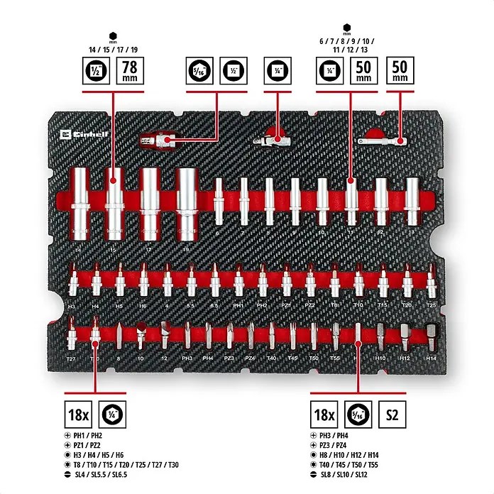 Einhell Werkzeugkoffer E-Case Werkstatt - 92 -tlg. - Umfassendes Set silberner Schrauberbits, Steckschlüsseln und Adaptern in einem schwarzen und roten Organizer-Koffer mit verschiedenen Antriebsarten und Größen.