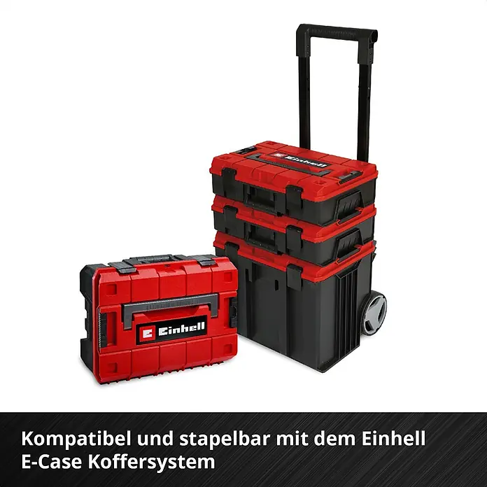 Einhell Werkzeugkoffer E-Case VDE - 24 -tlg. - Rotes und schwarzes Einhell E-Case Stapel-Werkzeugkoffersystem mit Rollwagen und ausziehbarem Griff, sowie einem separaten Koffer.