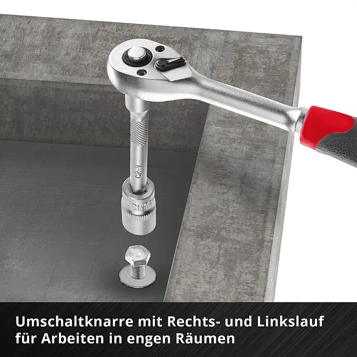 Einhell Werkzeugkoffer E-Case Montage - 80 -tlg. - Silberne Umschaltknarre mit rot-schwarzem Griff, Verlängerung und Nuss. Zum Befestigen einer Schraube in einem engen Bereich.
