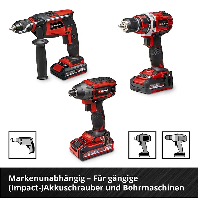 Einhell Werkzeugkoffer E-Case KFZ - 121 -tlg. - Drei rote/schwarze Einhell Akku-Elektrowerkzeuge: Bohrhammer, Schlagbohrschrauber und Schlagschrauber, plus Bohrer-Icons.