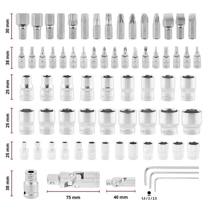 Einhell Werkzeugkoffer E-Case Werkstatt - 92 -tlg. - Silberfarbenes Metall-Steckschlüssel- und Schrauberbit-Set in verschiedenen Größen, mit Verlängerungen und Inbusschlüsseln.